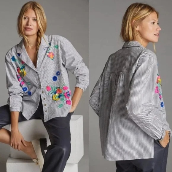 Maeve Tops - Anthropologie Maeve Floral Sequin Striped Cotton Button-down Shirt - 8